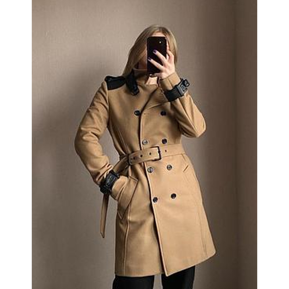 The Kooples Wool with Lambskin Accents Double Breasted Trench Coat Camel Small